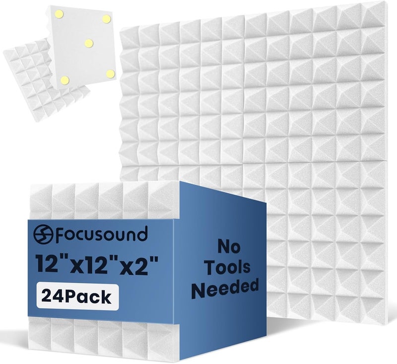Focusound White Acoustic Panels 24 Pack 2"x12"x12" with 120 PCS Double-Side Adhesive - Sound Proof Pyramid Foam for Walls, Home Studio Noise Absorption & Echo Control Kit - Image 1